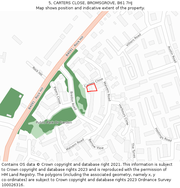 5, CARTERS CLOSE, BROMSGROVE, B61 7HJ: Location map and indicative extent of plot