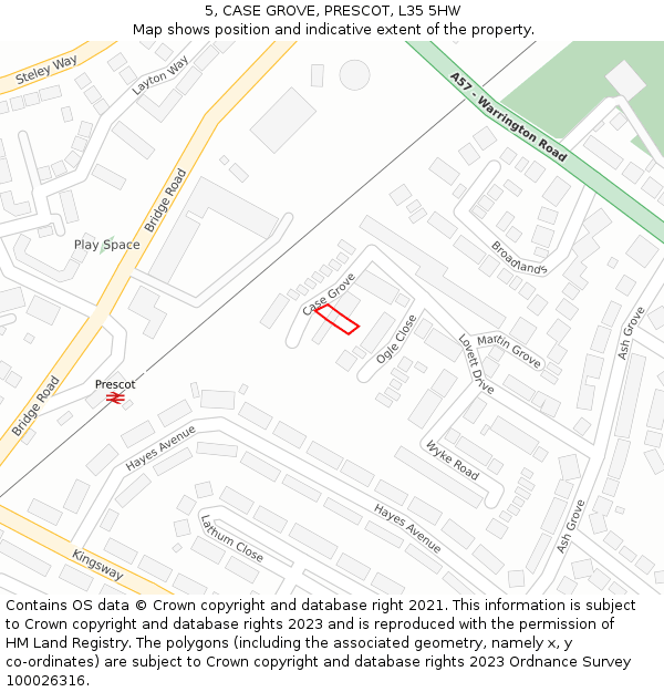 5, CASE GROVE, PRESCOT, L35 5HW: Location map and indicative extent of plot