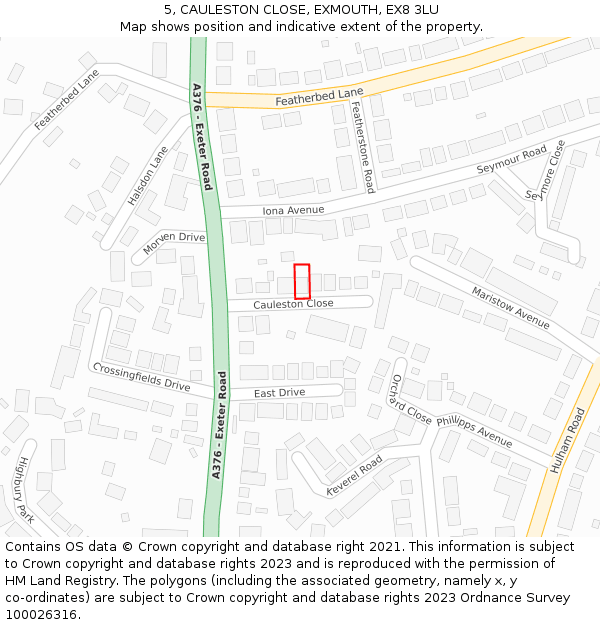 5, CAULESTON CLOSE, EXMOUTH, EX8 3LU: Location map and indicative extent of plot