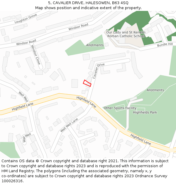 5, CAVALIER DRIVE, HALESOWEN, B63 4SQ: Location map and indicative extent of plot