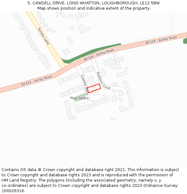 5, CAWDELL DRIVE, LONG WHATTON, LOUGHBOROUGH, LE12 5BW: Location map and indicative extent of plot