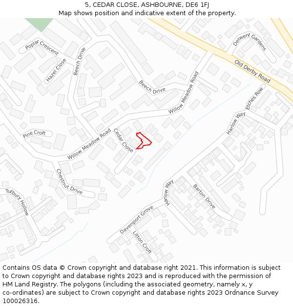 5, CEDAR CLOSE, ASHBOURNE, DE6 1FJ: Location map and indicative extent of plot