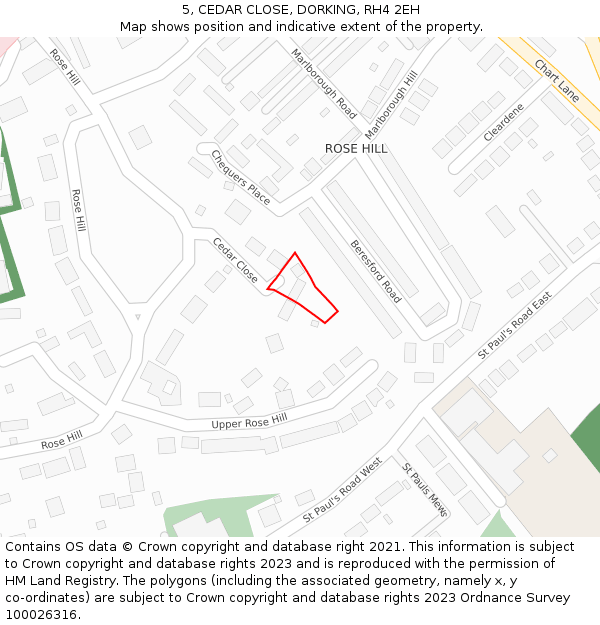 5, CEDAR CLOSE, DORKING, RH4 2EH: Location map and indicative extent of plot