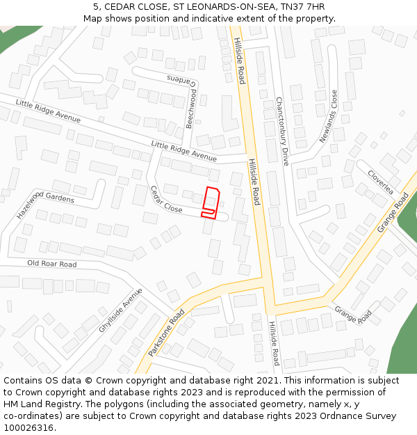 5, CEDAR CLOSE, ST LEONARDS-ON-SEA, TN37 7HR: Location map and indicative extent of plot