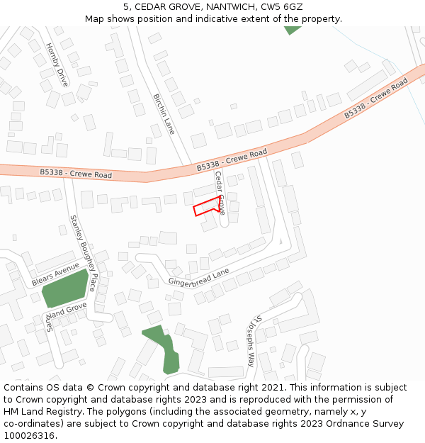 5, CEDAR GROVE, NANTWICH, CW5 6GZ: Location map and indicative extent of plot