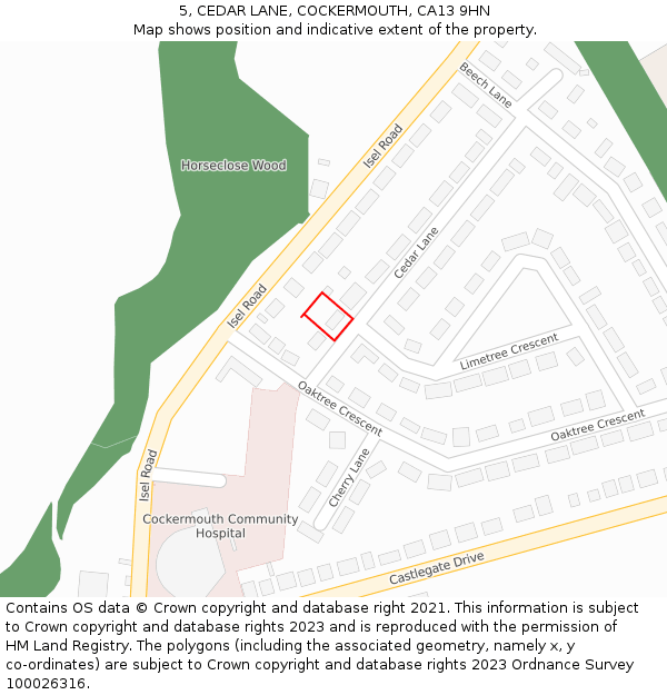 5, CEDAR LANE, COCKERMOUTH, CA13 9HN: Location map and indicative extent of plot