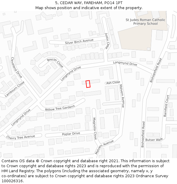 5, CEDAR WAY, FAREHAM, PO14 1PT: Location map and indicative extent of plot