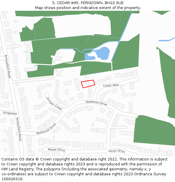 5, CEDAR WAY, FERNDOWN, BH22 9UE: Location map and indicative extent of plot