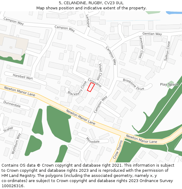 5, CELANDINE, RUGBY, CV23 0UL: Location map and indicative extent of plot