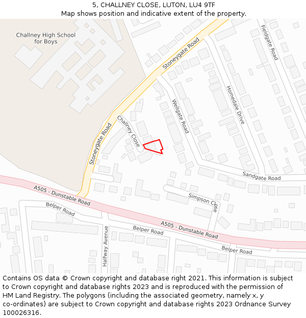 5, CHALLNEY CLOSE, LUTON, LU4 9TF: Location map and indicative extent of plot