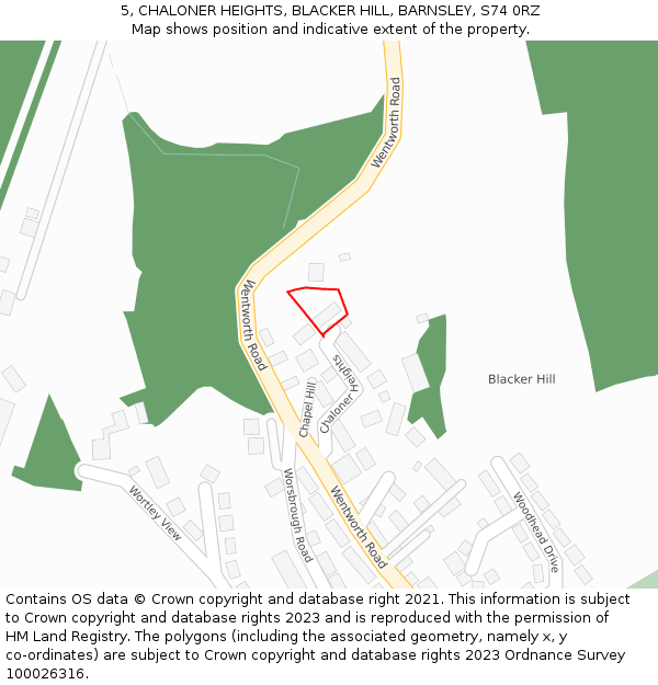 5, CHALONER HEIGHTS, BLACKER HILL, BARNSLEY, S74 0RZ: Location map and indicative extent of plot