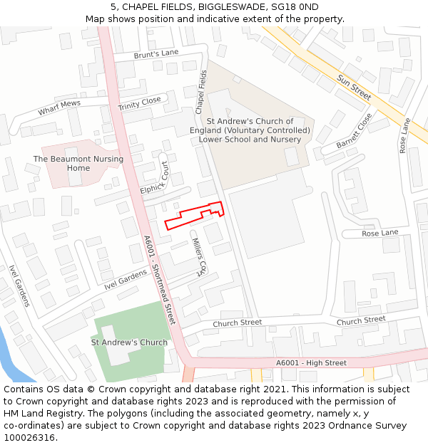 5, CHAPEL FIELDS, BIGGLESWADE, SG18 0ND: Location map and indicative extent of plot