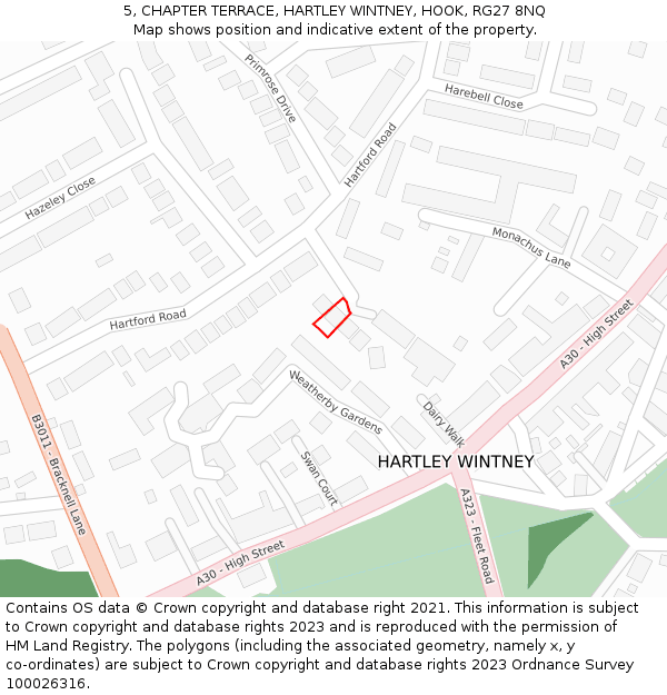 5, CHAPTER TERRACE, HARTLEY WINTNEY, HOOK, RG27 8NQ: Location map and indicative extent of plot