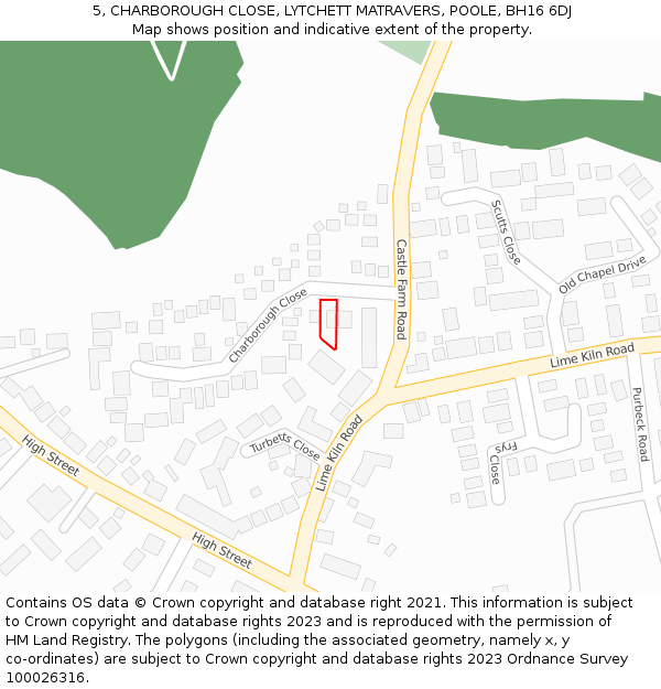 5, CHARBOROUGH CLOSE, LYTCHETT MATRAVERS, POOLE, BH16 6DJ: Location map and indicative extent of plot