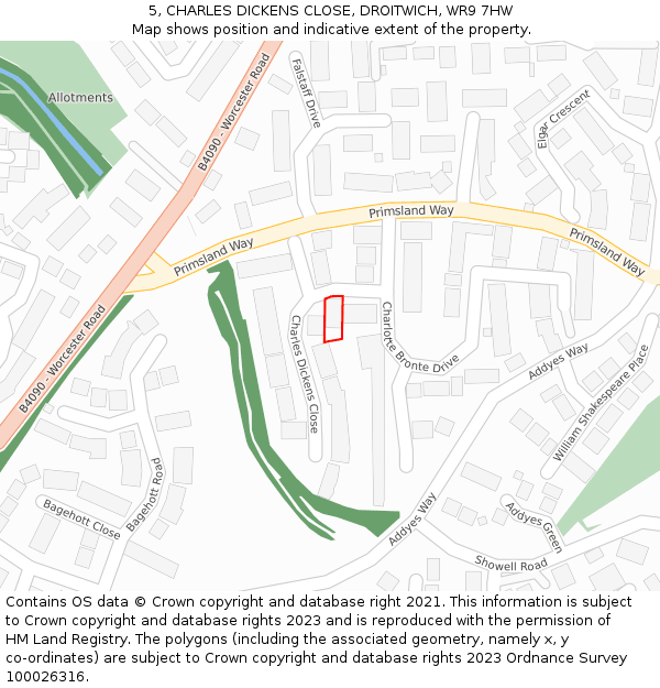 5, CHARLES DICKENS CLOSE, DROITWICH, WR9 7HW: Location map and indicative extent of plot