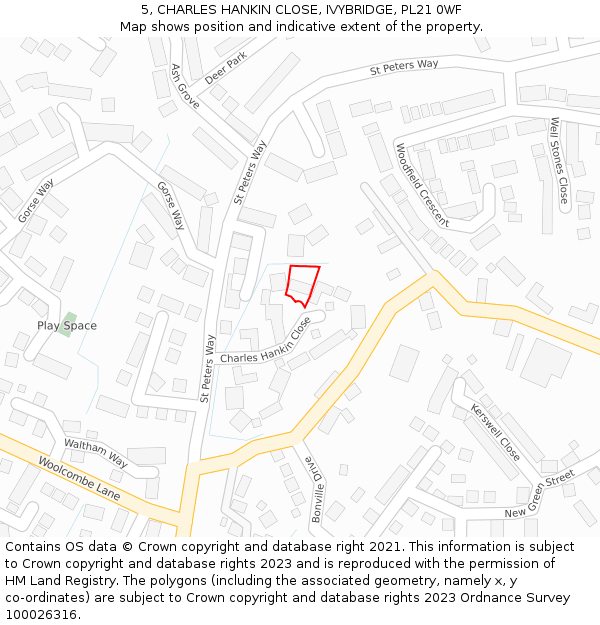 5, CHARLES HANKIN CLOSE, IVYBRIDGE, PL21 0WF: Location map and indicative extent of plot