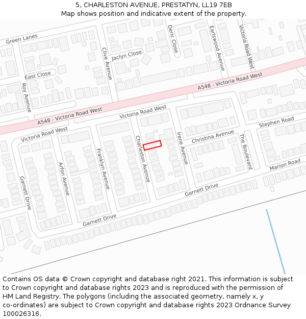 5, CHARLESTON AVENUE, PRESTATYN, LL19 7EB: Location map and indicative extent of plot