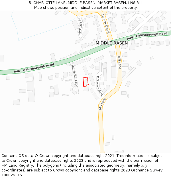 5, CHARLOTTE LANE, MIDDLE RASEN, MARKET RASEN, LN8 3LL: Location map and indicative extent of plot