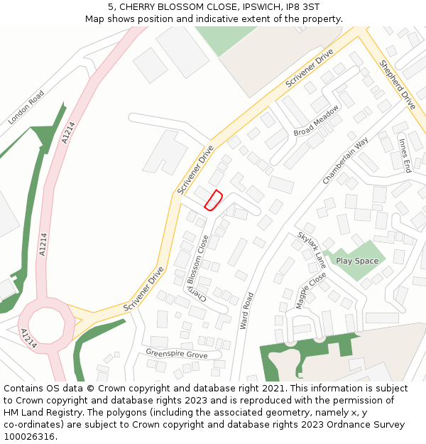 5, CHERRY BLOSSOM CLOSE, IPSWICH, IP8 3ST: Location map and indicative extent of plot