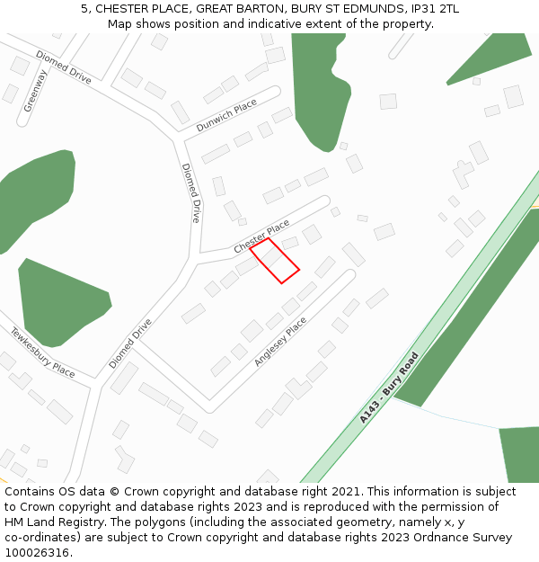 5, CHESTER PLACE, GREAT BARTON, BURY ST EDMUNDS, IP31 2TL: Location map and indicative extent of plot