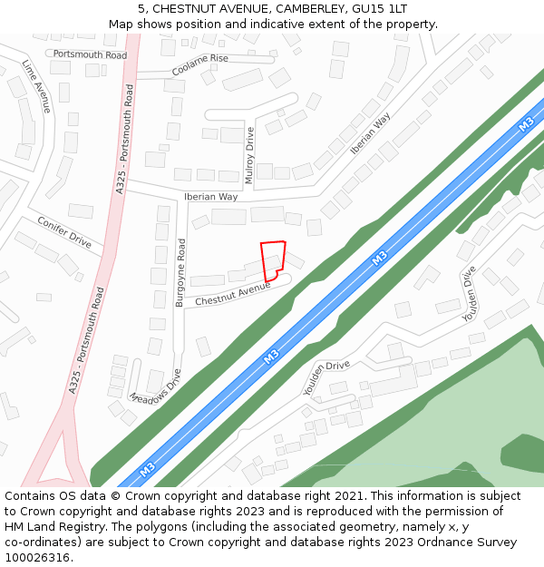 5, CHESTNUT AVENUE, CAMBERLEY, GU15 1LT: Location map and indicative extent of plot