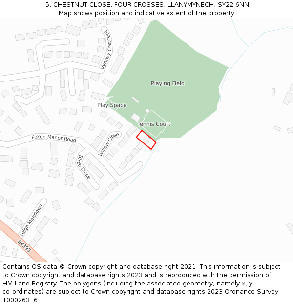 5, CHESTNUT CLOSE, FOUR CROSSES, LLANYMYNECH, SY22 6NN: Location map and indicative extent of plot