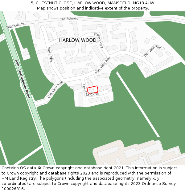 5, CHESTNUT CLOSE, HARLOW WOOD, MANSFIELD, NG18 4UW: Location map and indicative extent of plot