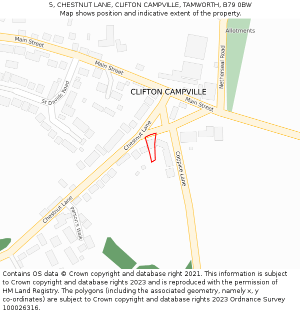 5, CHESTNUT LANE, CLIFTON CAMPVILLE, TAMWORTH, B79 0BW: Location map and indicative extent of plot