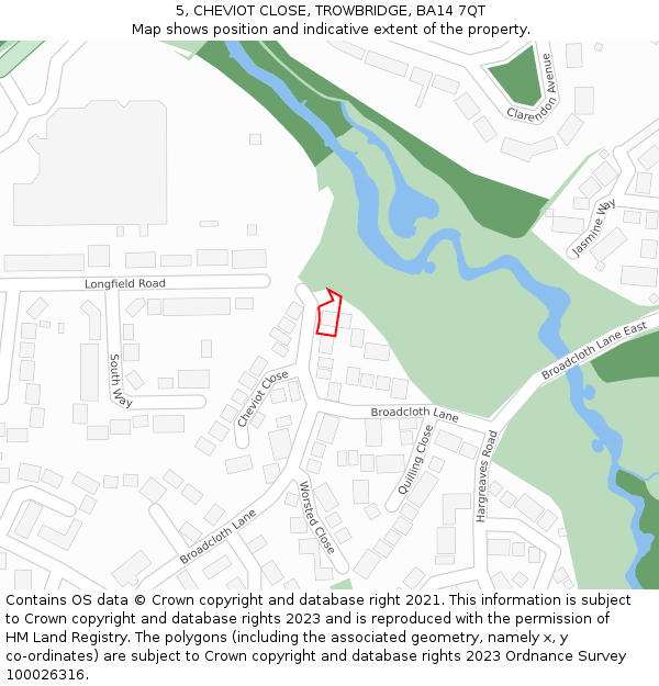 5, CHEVIOT CLOSE, TROWBRIDGE, BA14 7QT: Location map and indicative extent of plot