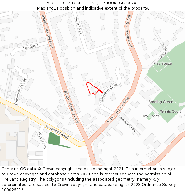 5, CHILDERSTONE CLOSE, LIPHOOK, GU30 7XE: Location map and indicative extent of plot