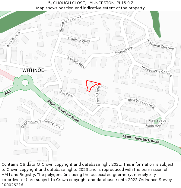 5, CHOUGH CLOSE, LAUNCESTON, PL15 9JZ: Location map and indicative extent of plot