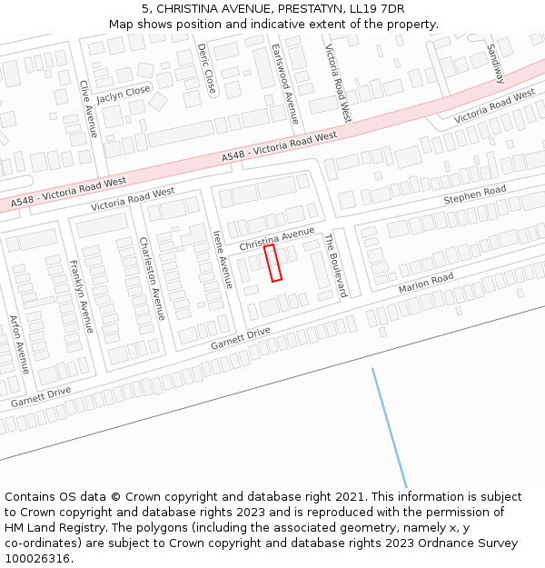 5, CHRISTINA AVENUE, PRESTATYN, LL19 7DR: Location map and indicative extent of plot