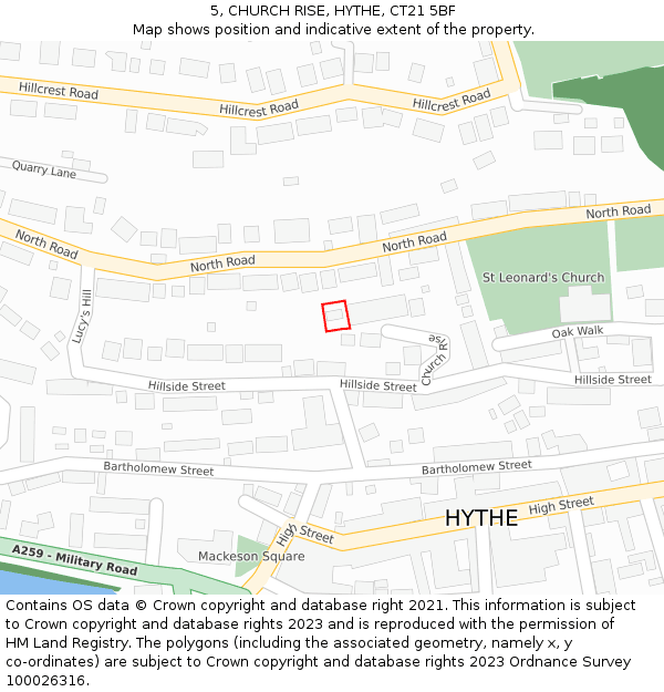 5, CHURCH RISE, HYTHE, CT21 5BF: Location map and indicative extent of plot