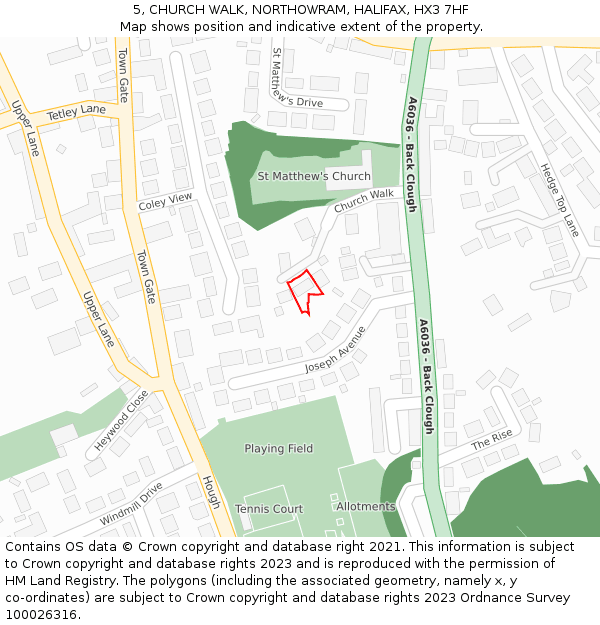 5, CHURCH WALK, NORTHOWRAM, HALIFAX, HX3 7HF: Location map and indicative extent of plot
