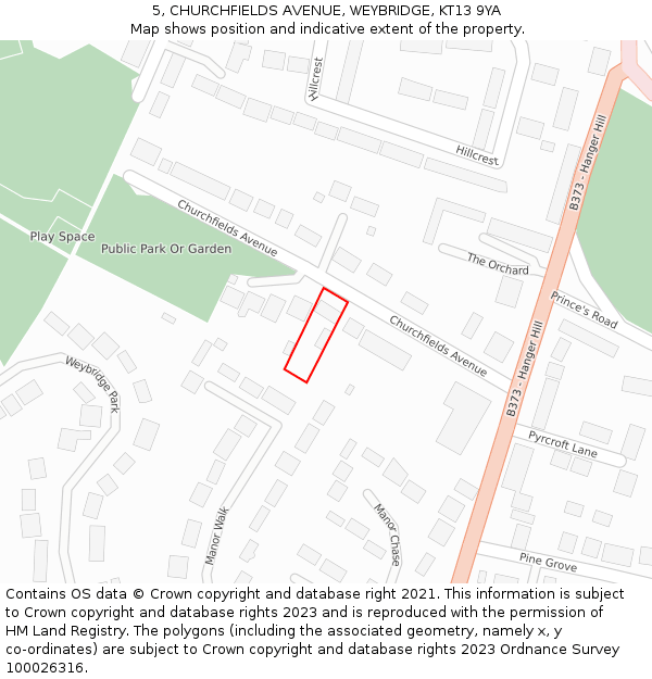 5, CHURCHFIELDS AVENUE, WEYBRIDGE, KT13 9YA: Location map and indicative extent of plot
