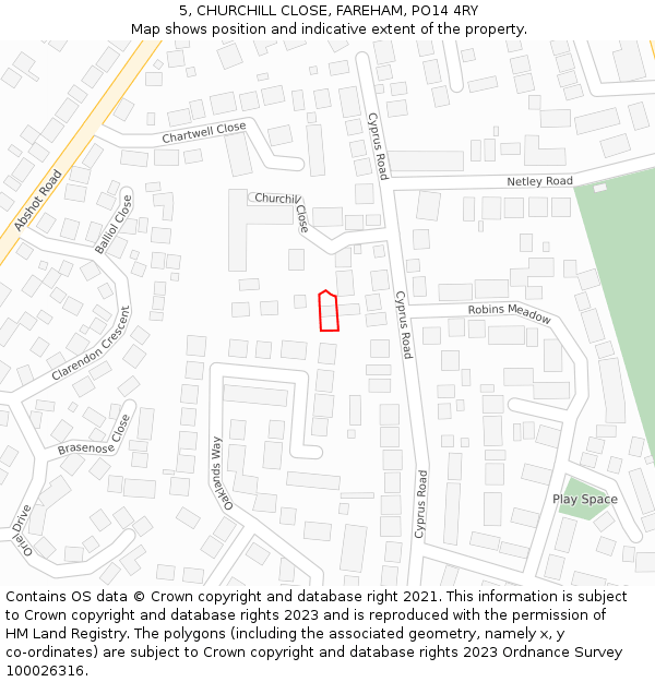 5, CHURCHILL CLOSE, FAREHAM, PO14 4RY: Location map and indicative extent of plot