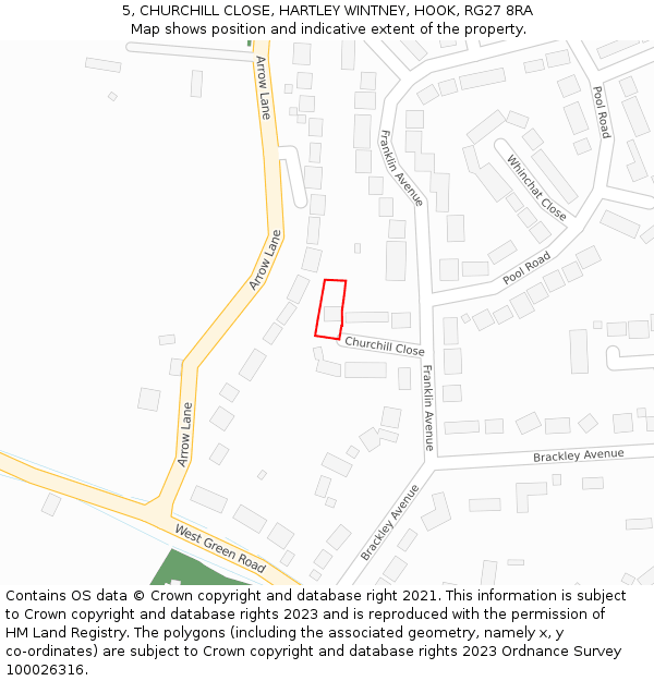 5, CHURCHILL CLOSE, HARTLEY WINTNEY, HOOK, RG27 8RA: Location map and indicative extent of plot