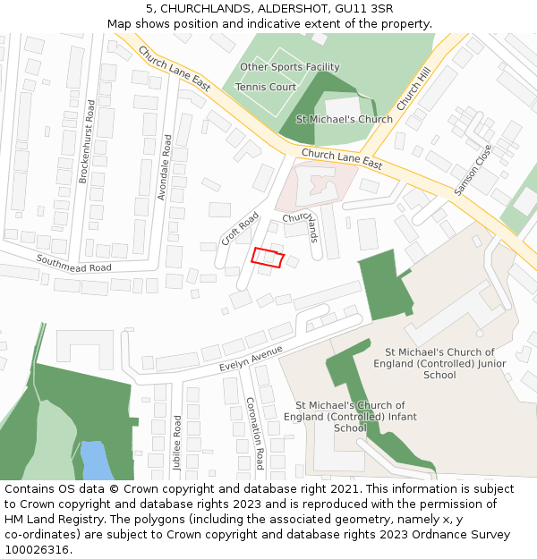 5, CHURCHLANDS, ALDERSHOT, GU11 3SR: Location map and indicative extent of plot