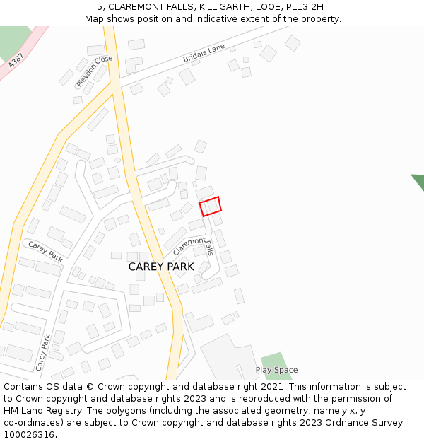 5, CLAREMONT FALLS, KILLIGARTH, LOOE, PL13 2HT: Location map and indicative extent of plot