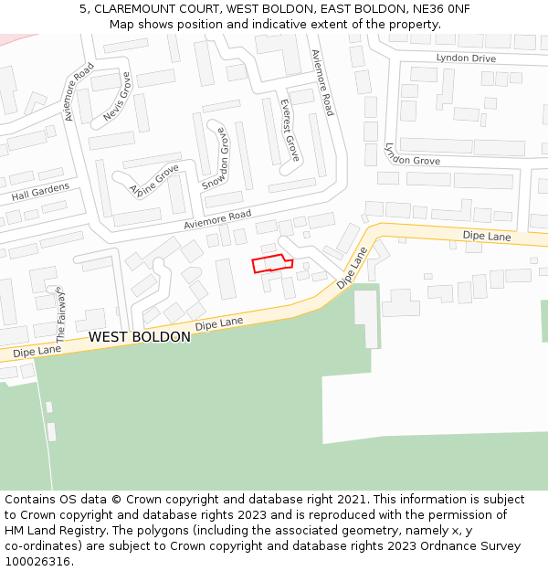 5, CLAREMOUNT COURT, WEST BOLDON, EAST BOLDON, NE36 0NF: Location map and indicative extent of plot