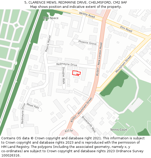 5, CLARENCE MEWS, REDMAYNE DRIVE, CHELMSFORD, CM2 9AF: Location map and indicative extent of plot