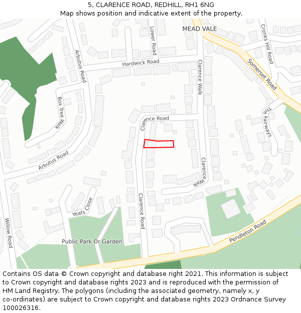 5, CLARENCE ROAD, REDHILL, RH1 6NG: Location map and indicative extent of plot