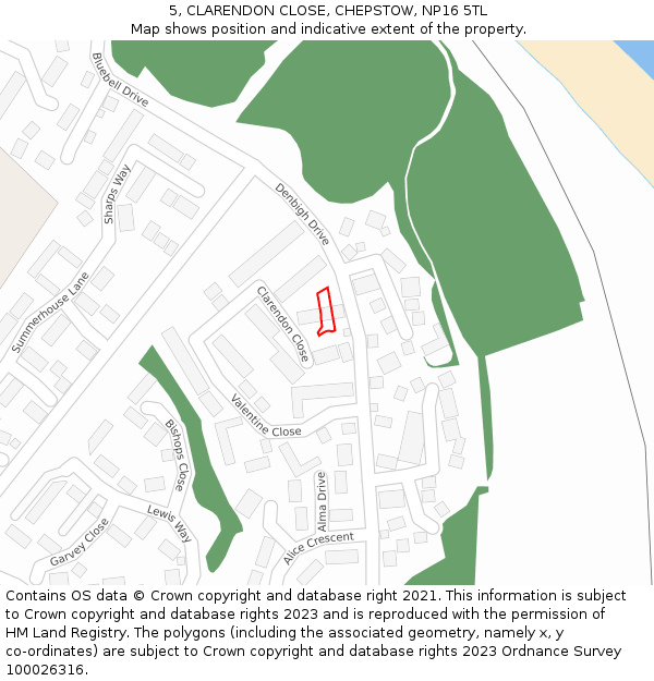 5, CLARENDON CLOSE, CHEPSTOW, NP16 5TL: Location map and indicative extent of plot