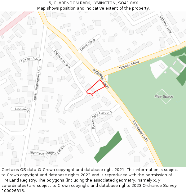 5, CLARENDON PARK, LYMINGTON, SO41 8AX: Location map and indicative extent of plot