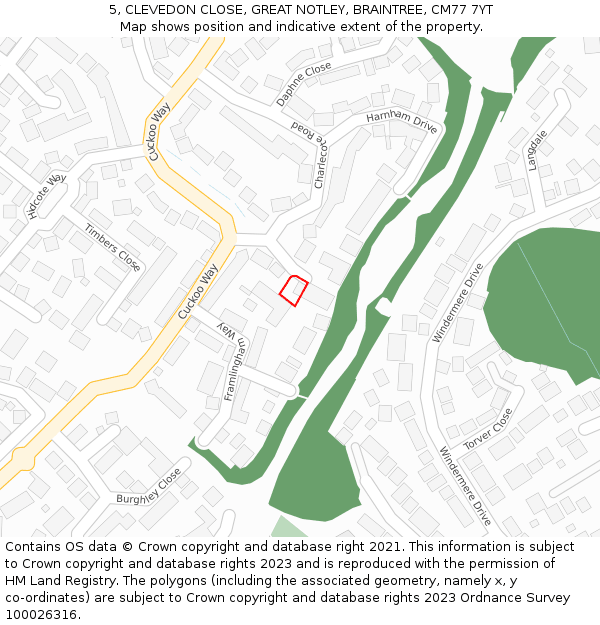 5, CLEVEDON CLOSE, GREAT NOTLEY, BRAINTREE, CM77 7YT: Location map and indicative extent of plot