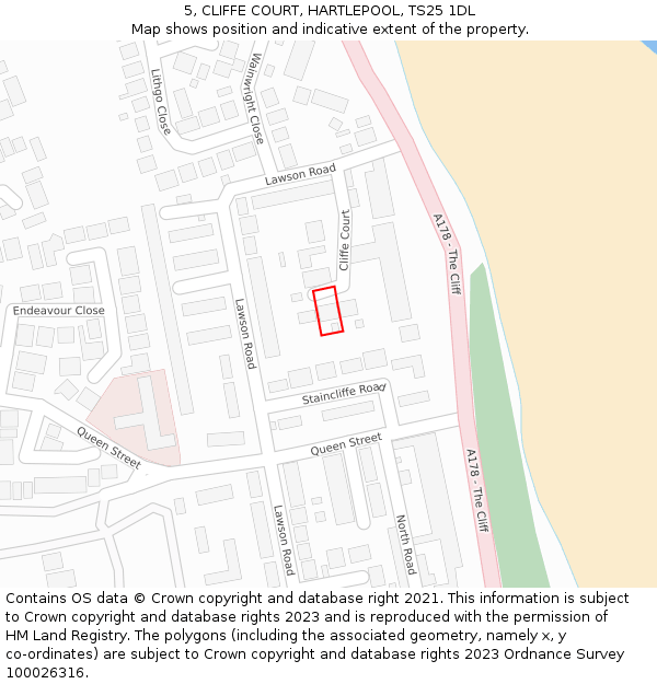 5, CLIFFE COURT, HARTLEPOOL, TS25 1DL: Location map and indicative extent of plot