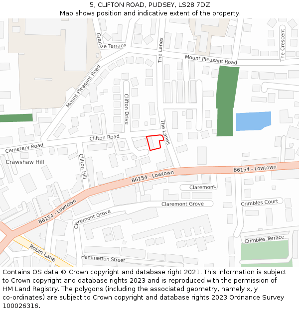 5, CLIFTON ROAD, PUDSEY, LS28 7DZ: Location map and indicative extent of plot