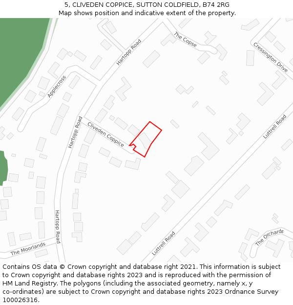 5, CLIVEDEN COPPICE, SUTTON COLDFIELD, B74 2RG: Location map and indicative extent of plot