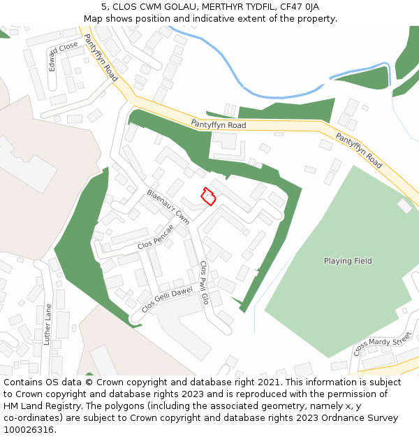 5, CLOS CWM GOLAU, MERTHYR TYDFIL, CF47 0JA: Location map and indicative extent of plot