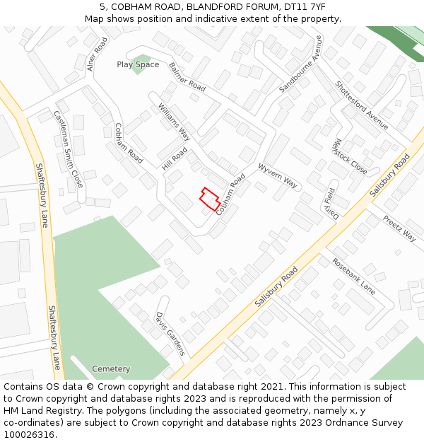 5, COBHAM ROAD, BLANDFORD FORUM, DT11 7YF: Location map and indicative extent of plot